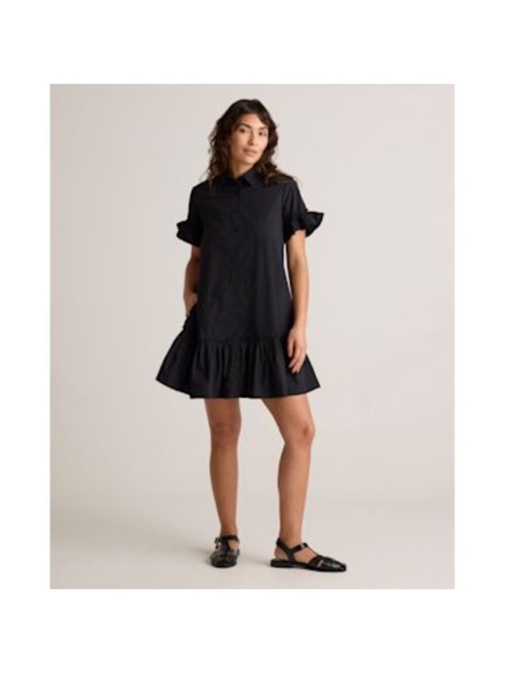 Quince 100% Organic Cotton Black Poplin Short Sleeve Ruffle Shirt Dress Black M